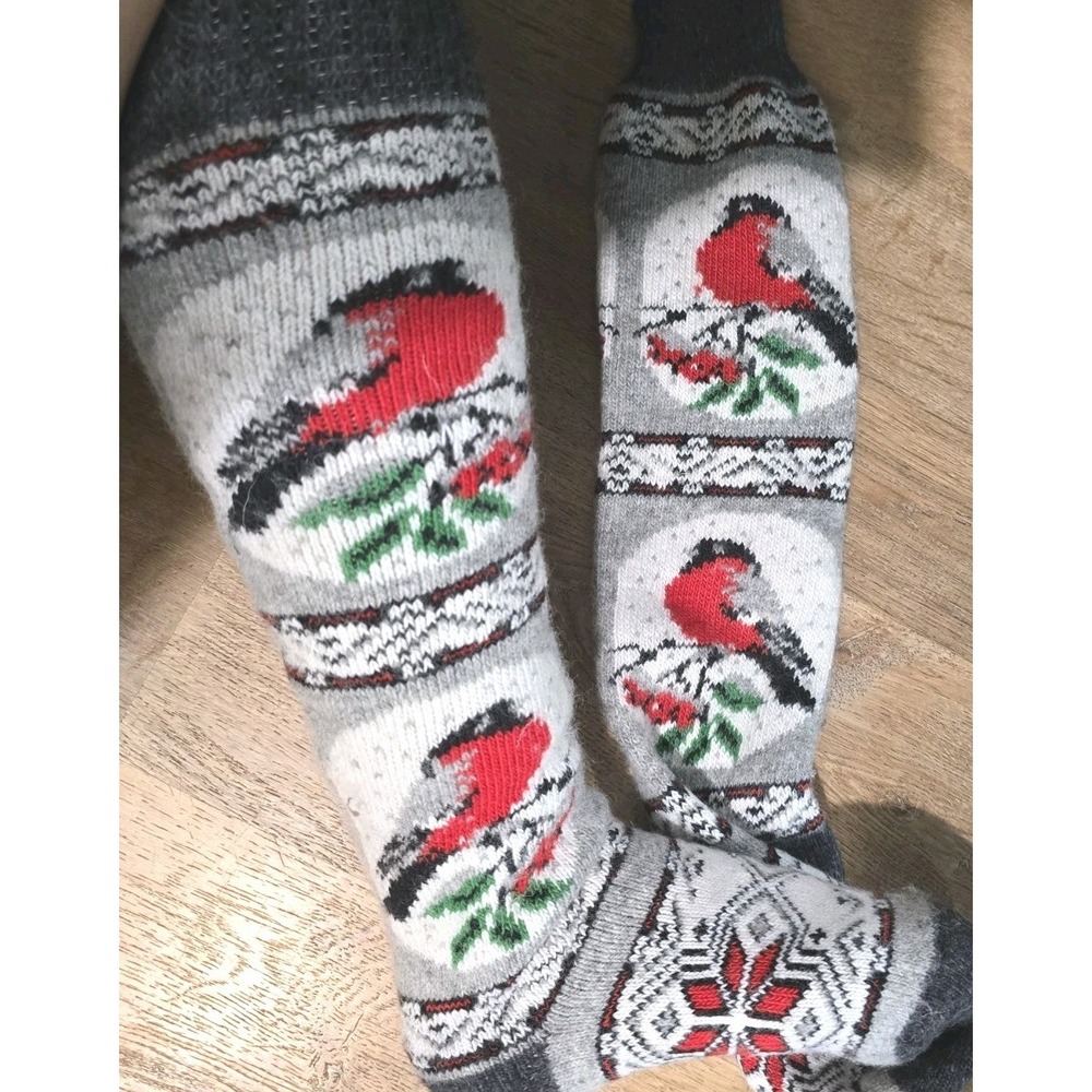 Handmade Goat Down Knee High Socks Fair Isle Nordic Winter Bird Gray S/M